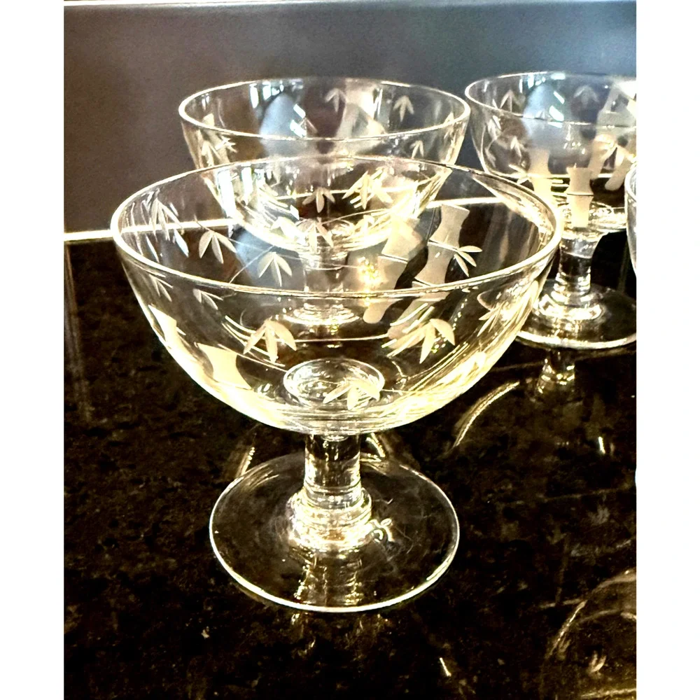 Set Of 4 Noritake Sasaki Etched Bamboo Crystal Low Sherbert Glasses 3-1/4